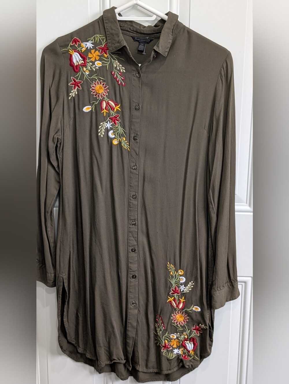 Coupe Collection Olive Green Embroidered Floral Tunic Shirt - Size S